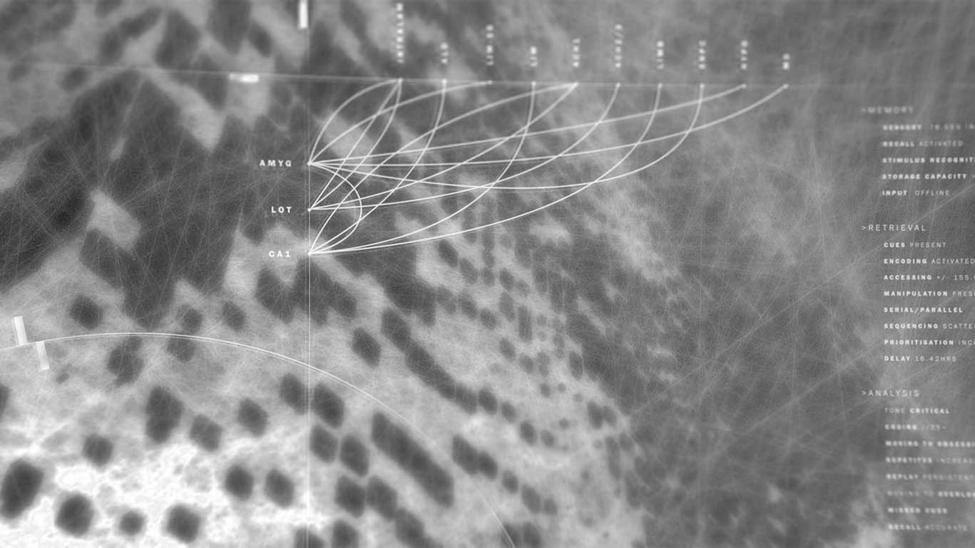 Blue/grey graph across a 3d abstract form