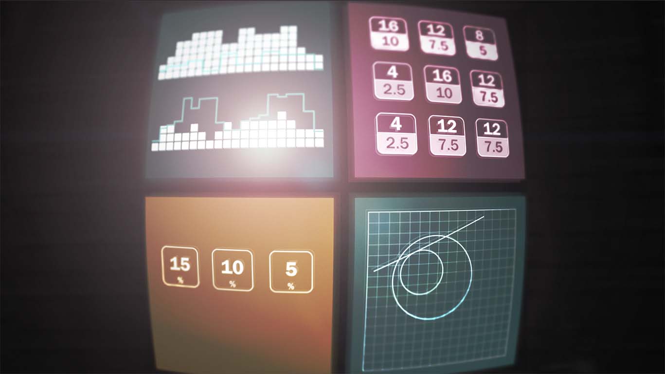 Four screens combined resembling computer monitor with retro graphics