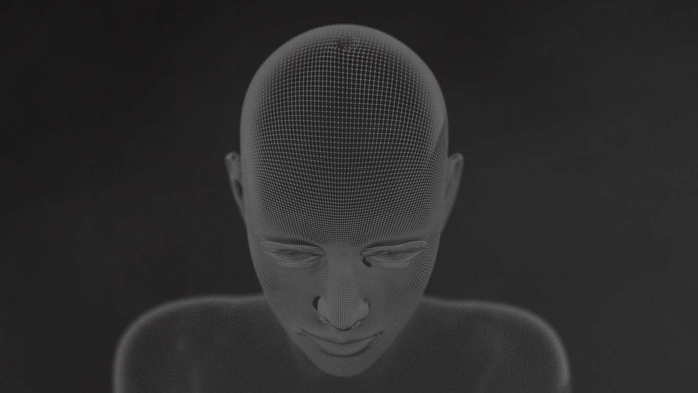 Greyscale wireframe-style bust