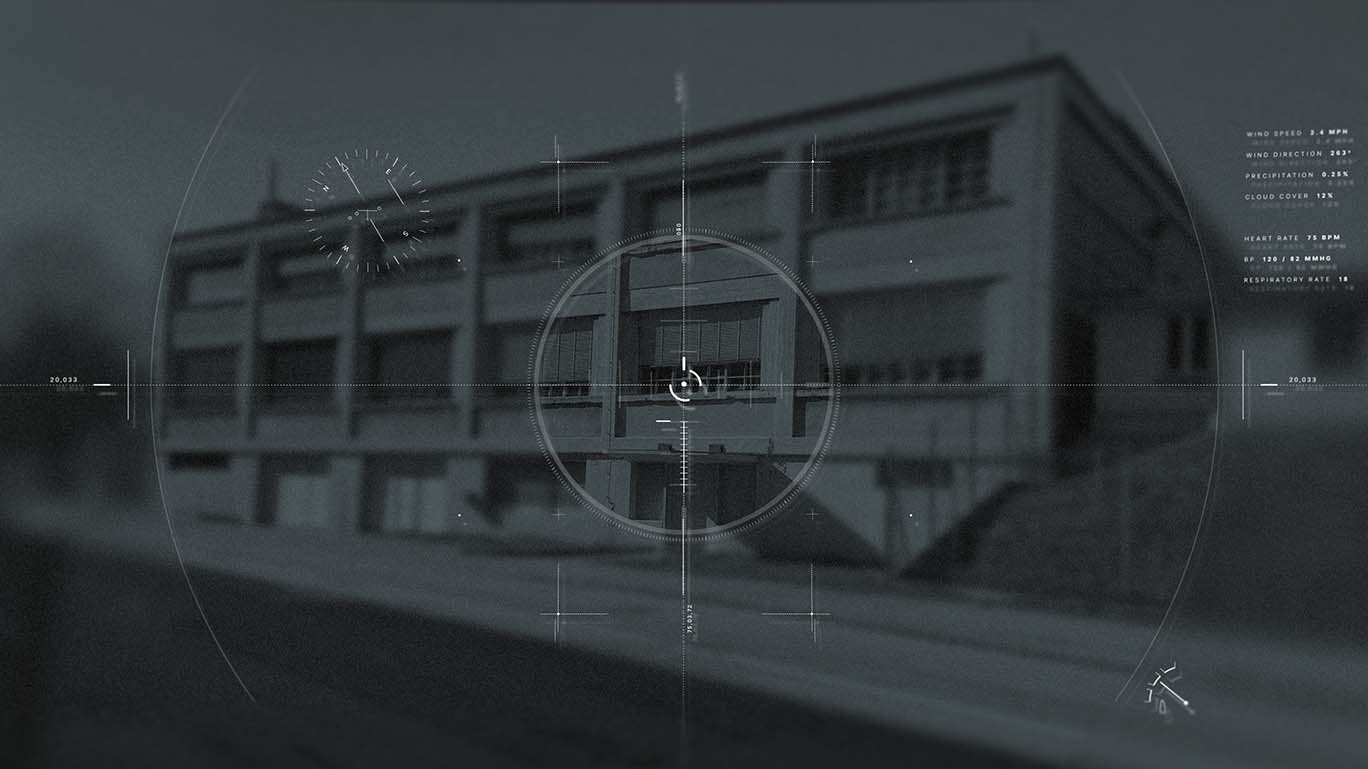 An image of a building with a Head's Up Display