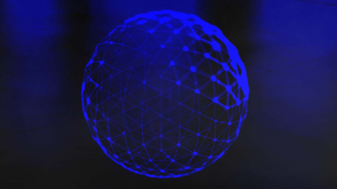A blue atom array sphere sound visualiser