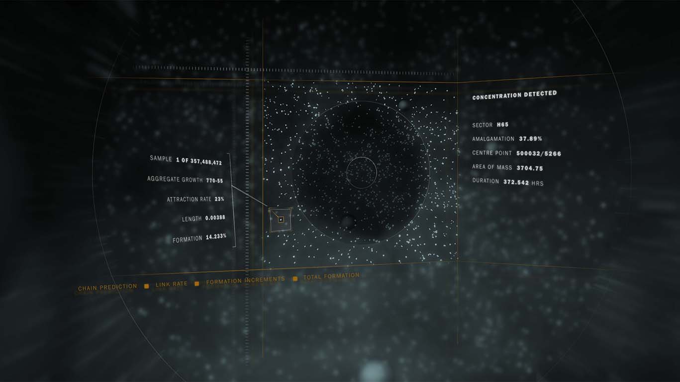 Fictional User Interface of a dark space-like scene with text elements