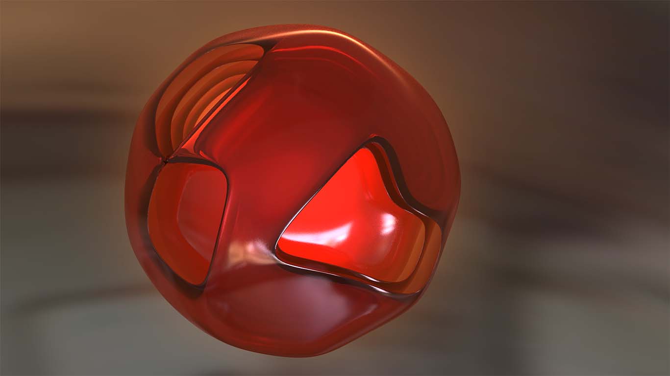 An organic sphere made of layers of red glass with holes