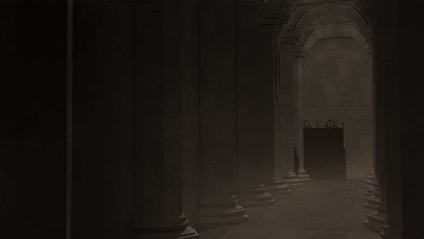 3d scene of a church interior with columns and a hooded figure