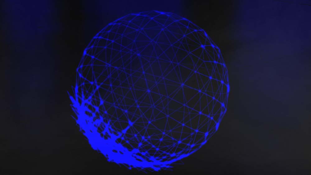 Blue wireframe-style sphere with the bottom distorted